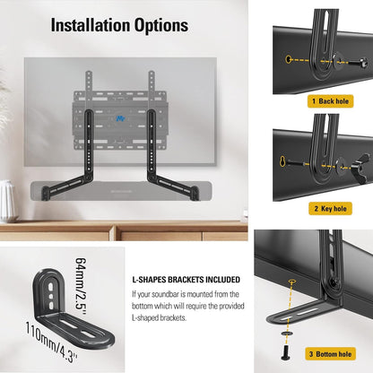 Soundbar Mount Bracket Fits Most of Soundbars up to 15 Lbs | Sound Bar Mount for Mounting above or under TV, with Detachable Long Extension Plates, MD54205