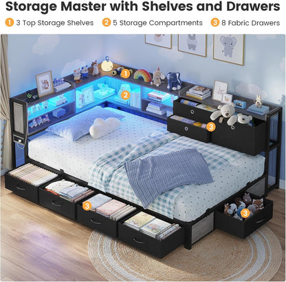 Corner Bed Frame with Charging Station & Led Lights, Black & Gray3