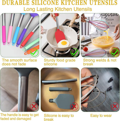 Kitchen Utensils Set, 15 Pcs Silicone Cooking Kitchen Utensils Set, Non-Stick Silicone Stainless Steel Handle Turner Spatula Spoon Tongs Whisk Cookware - Colorful7