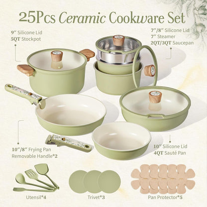 25Pcs Ceramic Cookware Sets, Nonstick Pots and Pans Set Non Toxic | Space Saving, Detachable Handle, Dishwasher & Oven Safe, PFAS Free, Kitchen/Apartment/Camping/Rv/ Traveling Cooking Sets2