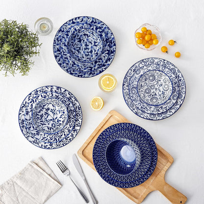 SELENE Plates and Bowls Set for 4, 12 Pieces Dinnerware Sets, Mircowave and Dishwasher Safe Dishes Set, Porcelain Blue Dinnerware8