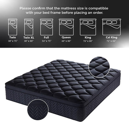 Premium 12 Inch Queen Size Mattress - Black Diamond Quilted, Individual Pocket Spring & Memory Foam Top, Luxurious Support, Pressure Relief, Mot7