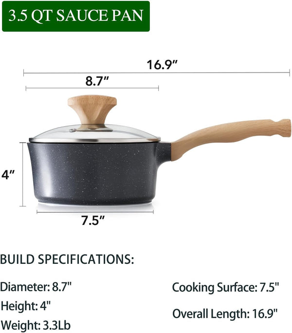 Nonstick Saucepan with Lid, 3.5 Quart German Greblon Ceramic Sauce Pan, Non Toxic Sauce Pot with Cover for Multipurpose Use, PTFE, PFOA & PFAS Free, Induction Compatible.4