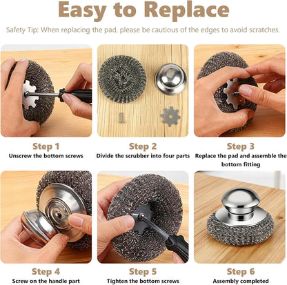 Steel Wool Scrubber, 4-Pack Stainless Steel Scrubber Pads with Handle - the Ultimate Scouring Solution for Rust, Stubborn Messes on Cookware, Grill, Oven & Kitchen Sinks5