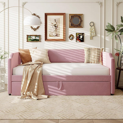 Multifunctional Upholstered Twin to King Daybed with Trundle, Pink3