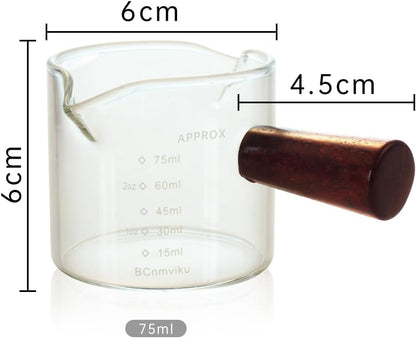 2 PCS Double Spouts Measuring Triple Pitcher Milk Cup with Wood Handle 75ML Espresso Shot Glasses Parts Clear Glass by4