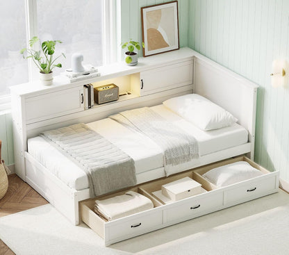 Full Size Corner Bed Frames with Storage Drawers, Bookcase, Charging Station, Led Downlight, Wooden L-Shaped Captain Daybed Platform for Small Room, Bedroom, Guest Room, Kids'Room, White5