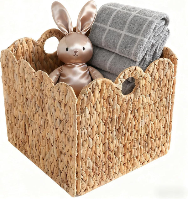 Scalloped Wicker Storage Cubes Basket, 12”X12“ Heavy Duty Paper Rope/Hyacinth/Seagrass Baskets for Shelves, Foldable Natural Boho Square Bins (Water Hyacinth&10.5 X 10.5 X 10.5In&4-Pack)6