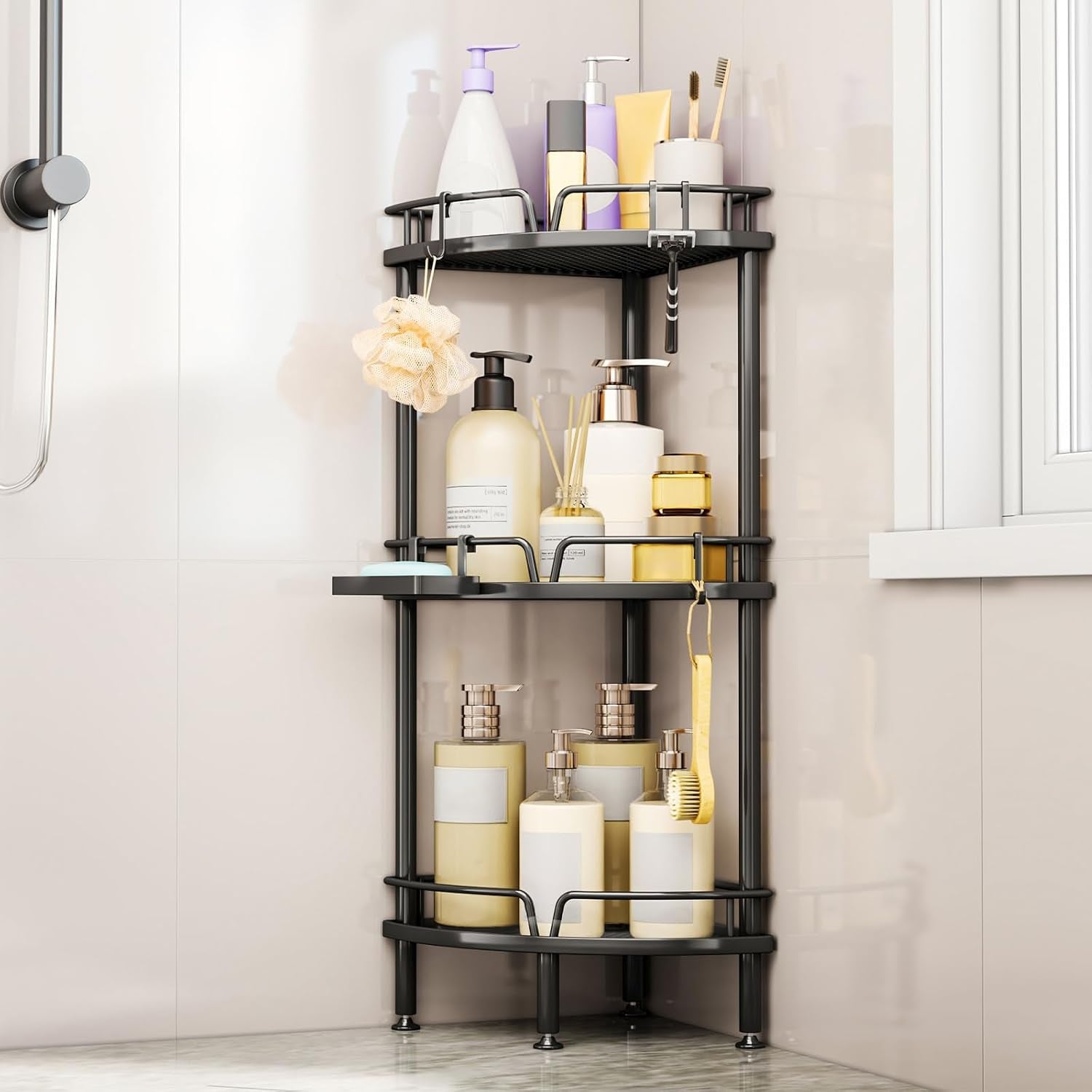corner-shower-caddy-stand-3-tier-shower-organizer-with-soap-holder-tall-floor-corner-shelves-standing-with-adjustable-feet-4-hooks-storage-rack-for-bathroom-black