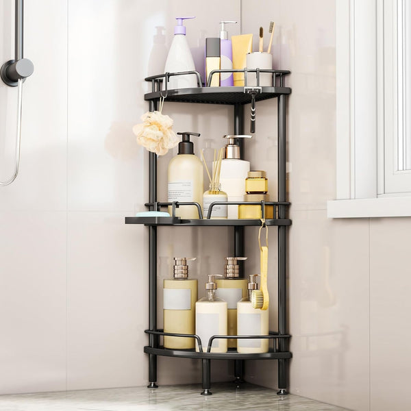 Corner Shower Caddy Stand - 3 Tier Shower Organizer with Soap Holder, Tall Floor Corner Shelves Standing with Adjustable Feet & 4 Hooks, Storage Rack for Bathroom Black1