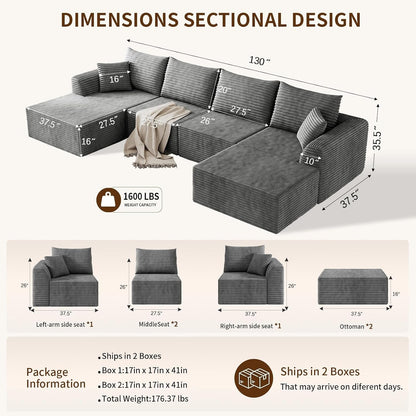 130" Boneless Sectional Couch, Modular Cloud Corduroy Sofa, No Assembly2