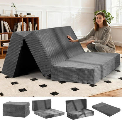6-Inch Tri-Fold Foldable Mattress, Folding Sofa Bed with Removable Washable Cover, Portable Futon Mattress Full Size Floor Guest Mat with Non-Slip Bottom & Carry Handles for Camping (Grey, Queen)1