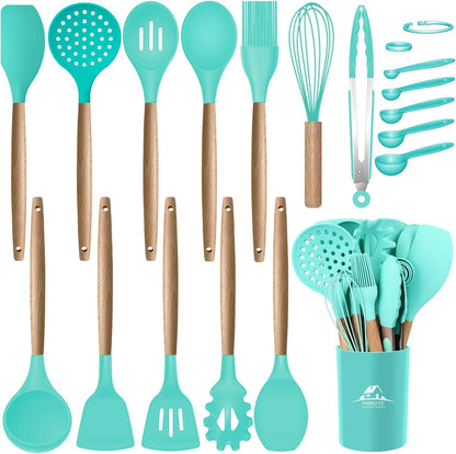 Silicone Cooking Kitchen Utensils Set, Wooden Handle, Teal1
