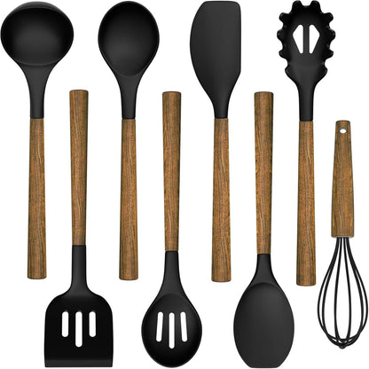 Silicone Cooking Utensil Set,  8-Piece Kitchen Utensils Set with Natural Acacia Wooden Handles,Food-Grade-Silicone Kitchen Gadgets Spatulas Set for Nonstick Cookware- Black1
