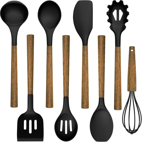 Silicone Cooking Utensil Set,  8-Piece Kitchen Utensils Set with Natural Acacia Wooden Handles,Food-Grade-Silicone Kitchen Gadgets Spatulas Set for Nonstick Cookware- Black1