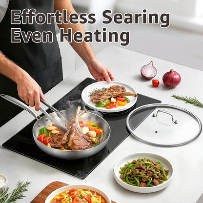 8 Inch Stainless Steel Frying Pan with Lid, Riveted Handle | Tri-Ply Stainless Steel Skillet, Fast & Even Heating, Stay-Cool Handle, Induction Cooking Pan, Dishwasher and Oven Safe6