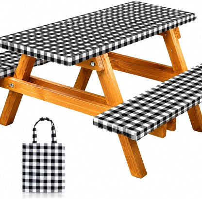 Vinyl Fitted Picnic Table Cover with Bench Covers & Bag 6Ft Black Checkered |  Outdoor Waterproof, Windproof Tablecloth with Elastic Edges. Camping RV Gear Campers Must Have 72X30 Inches1