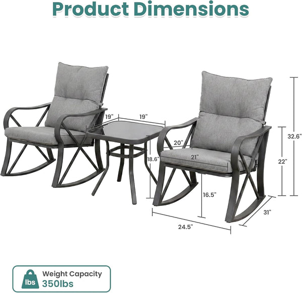 3 Piece Patio Rocking Conversation Set, Outdoor Rocking Chairs with Thick Removable Cushions & Side Table, Bistro Furniture Set for Porch, Balcony, Poolside, Backyard, Grey5