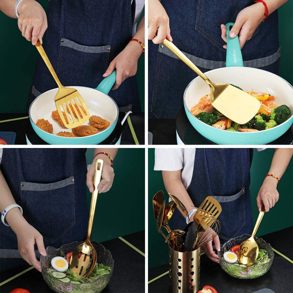 Gold Cooking Utensils Set,  Stainless Steel 13 Pieces Kitchen Utensils Set with Titanium Gold Plating, Kitchen Tools Set with Utensil Holder, Dishwasher Safe, Easy to Clean5