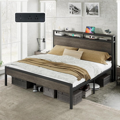 King Size Platform Bed Frame with Charging Station1
