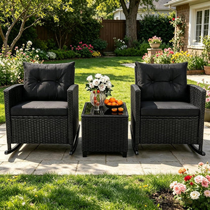 3 Pieces Patio Rocking Chair, Black Wicker Bistro Set (Black)2