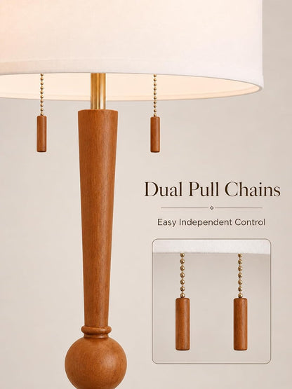 Solid Wood Floor Lamp for Living Room,Pull Chains Standing Lamp | 62.8" Tall,17" White Drum Shade,Sculptural Wood Base & Stem,2-Light Design,Standing Lamp for Bedroom,2 Bulbs Included7