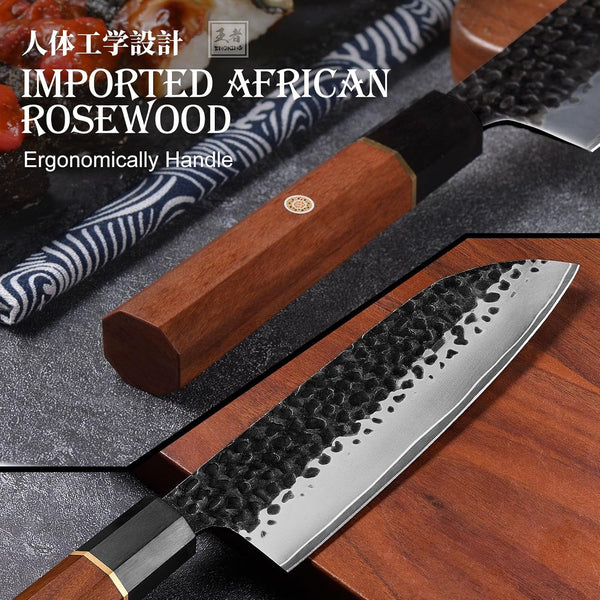 Japanese Santoku Knife, 7 Inch Chef Knife 5 Layer 9CR18MOV Clad Steel for Meat Cutting, Super Sharp Kitchen Cooking Knife with Ebony Bolster African Rosewood Handle -Wooden Box4