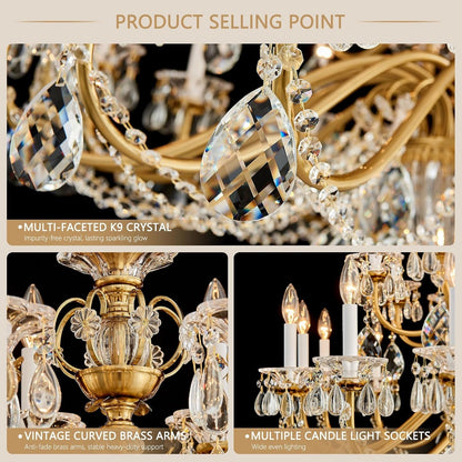 50 Inch Extra Large Maria Theresa Crystal Chandelier, Vintage Brass Candelabra Chandelier Pendant Light Fixture for High Ceiling Living Room, Foyer, Entryway, Staircase, Lobby,Banquet Hall5