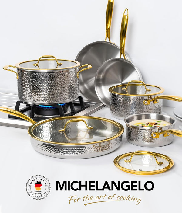 Triply Stainless Steel Pots and Pans Set, 10-Piece Hammered Stainless Steel Cookware Set with Golden Handle, Premium Induction Kitchen Cookware, Oven Safe7