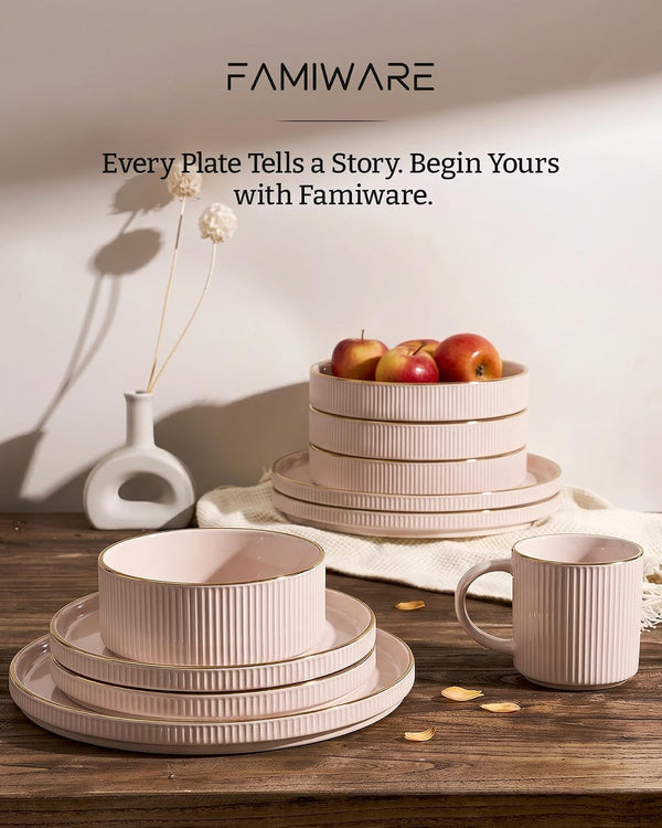 Plates and Bowls Set with Rim, Stoneware Dinnerware Sets for 48