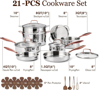21Pcs Tri-Ply Stainless Steel Cookware Set, Pots and Pans Set, Non Toxic Induction Kitchen Cooking Sets, Gold2