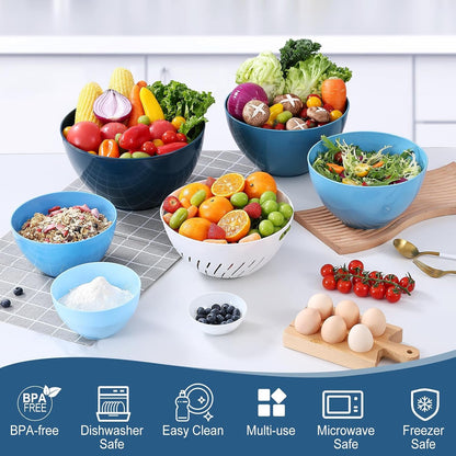 15 Piece Mixing Bowls with Lids Set, Super Large(6.87-0.21Qt) Plastic Nesting Bowls 6 Prep Bowls 6 Lids 1 Colander 2-In-1 Spoon Microwave Dishwasher Safe for Preparing Mixing Serving Storing7