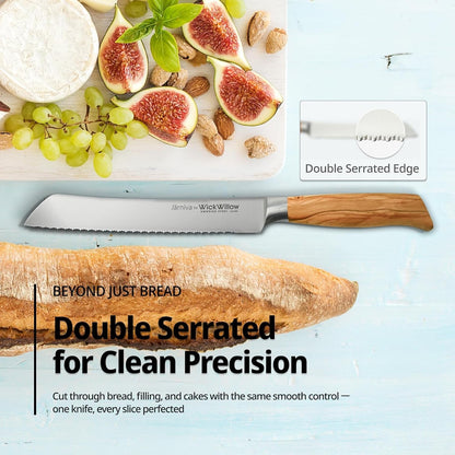 8” Double Serrated Bread Knife – Swedish Steel, Olive Wood8