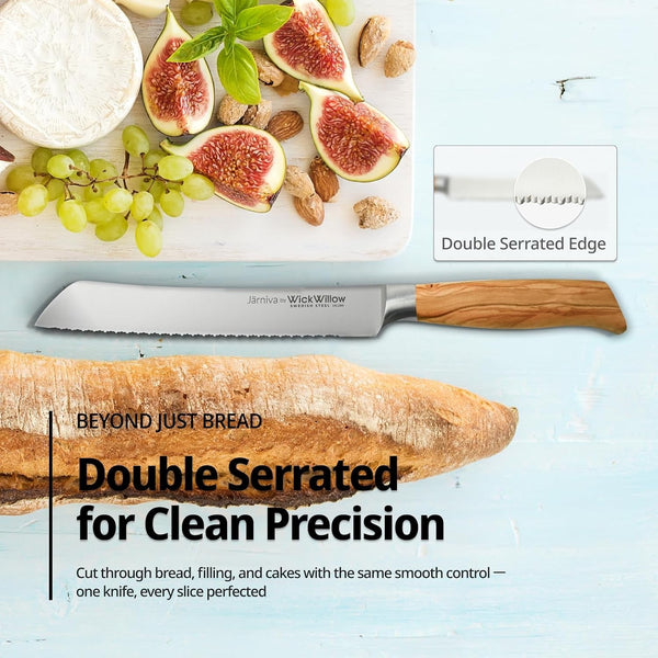 8” Double Serrated Bread Knife – Swedish Steel, Olive Wood8