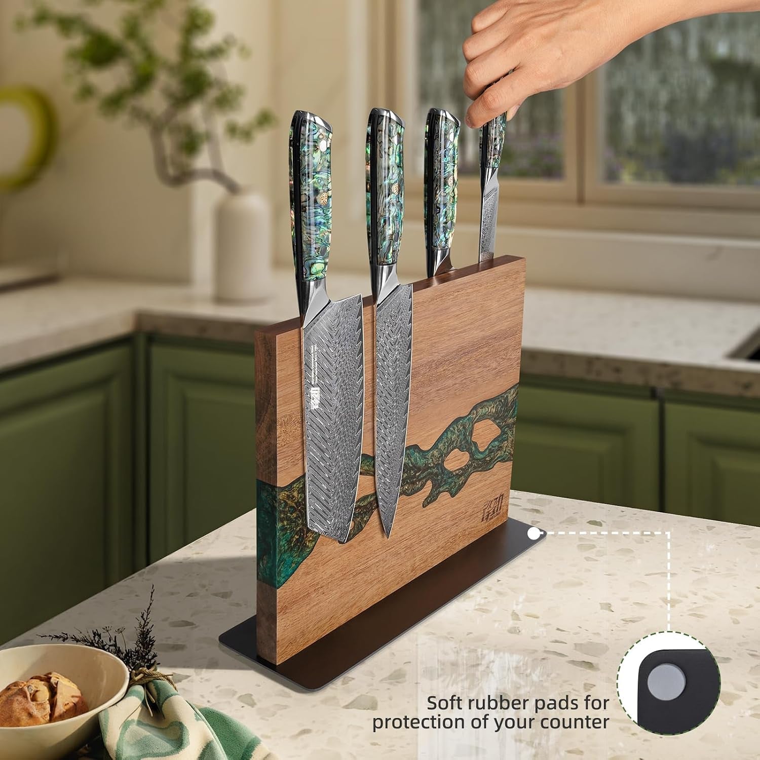magnetic-knife-block-double-sided-knife-holder-with-strong-magnets-acacia-wood-and-golden-green-resin-countertop-kitchen-knife-storage-stand-12-10-inches-without-knives