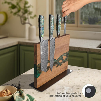Magnetic Knife Block, Double-Sided Knife Holder with Strong Magnets, Acacia Wood and Golden Green Resin, Countertop Kitchen Knife Storage Stand (12 × 10 Inches, without Knives)4