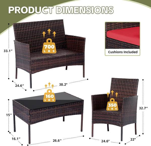 Patio Furniture Set 4 Pieces, Outdoor Rattan Furniture with Tempered Glass Coffee Table, Modern Rattan Patio Chairs Conversation Sets with Sofa for Garden, Terrace, Porch, Lawns Brown/Red2