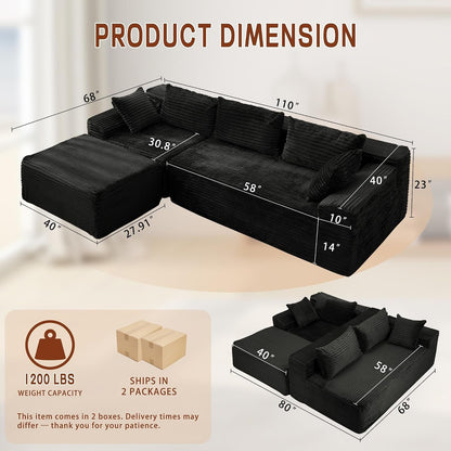 110" Boneless Modular Sectional Sofa with Chaise, L-Shaped Comfy Corduroy Fluffy Couch with Deep Seat and Side Pockets, Flexible Module Combination for Living Room, No Assembly, Side Pockets2