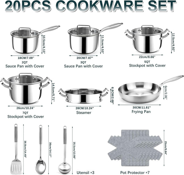 Stainless Steel Cookware Set - 20 PCS Pots and Pans Set with 3-Ply Stainless Steel Frying Pan, Professional Kitchen Cooking Set, Induction Compatible, Oven & Dishwasher Safe2