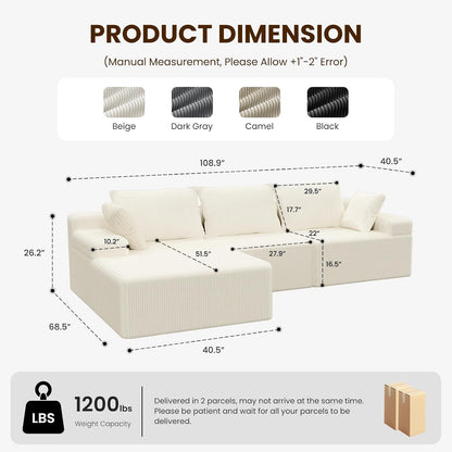 108" Corduroy L-Shaped Sectional Couch, Cloud Sofa, Beige2