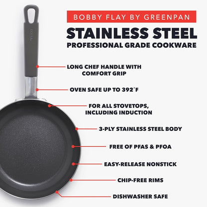 X Bobby Flay Stainless Steel 12” Frying Pan Skillet & Glass Lid, Professional Grade Tri-Ply, Multiclad, Pfas-Free Ceramic Nonstick, Induction Suitable, Dishwasher & Oven Safe,Stay Cool Handle5