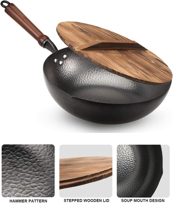 Wok Pan 12.5", Woks and Stir Fry Pans with Lid, Carbon Steel Wok with Cookware Accessories, Flat Bottom Suits for All Stoves4