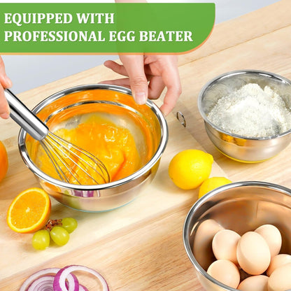 Mixing Bowls with Lids Set,10Pcs Stainless Steel Mixing Bowls with Graters and Egg Whisk &Non-Slip Bottoms Food Prep Nesting Bowls for Baking, Cooking, Meal Storage(1.2Qt-5.5Qt)4