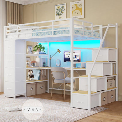 Loft Bed Twin Size with Storage Stairs,Desk and Charging Station,Metal Twin Loft Bed with LED Lights,8 Storage Drawers,3-Tier Shelves,Loft Beds for Kids,Teens,Adults with Safety Guardrail,White1