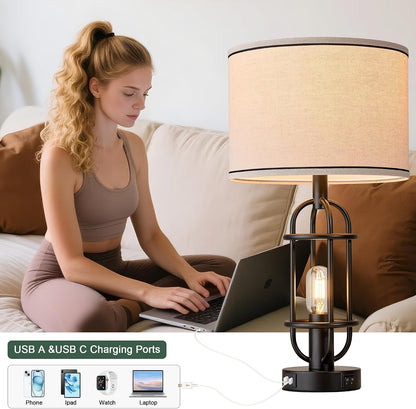 Black Table Lamps for Living Room Set of 2, 22.3" Farmhouse Lamps for Nightstand, Industrial Table Lamps for Bedroom with USB Ports, Bulbs Included2