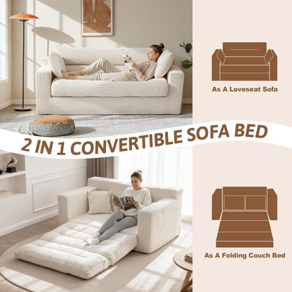Convertible Sofa Bed, Pull Out Boneless Couch Loveseat Floor Sofa Bed with Pillows, 2-Seater Folding Sofa Loveseat Boneless Couch for Living Room, Bedroom, Apartment, Office (Beige)5