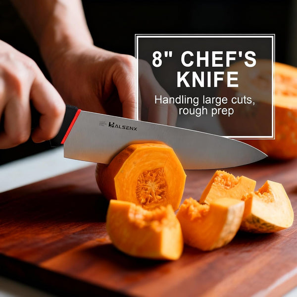5-Piece Kitchen Knife Set, In-Drawer Storage & Sharpener | 4-Pc: Chef, Santoku & Utility Knives, Drawer Storage, No Block, Built-In Sharpener, Soft Non-Slip Grip, Rust-Proof Steel.5