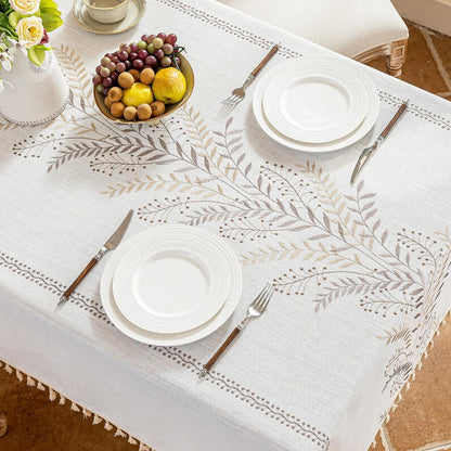 Rectangle Tablecloth 55" X 75", Farmhouse Linen Style Table Cloth with Brown Fern Embroidery & Tassels, Heavy Weight Wrinkle & Spill Resistant Table Cover for Dining Kitchen (4-6 Seats)2
