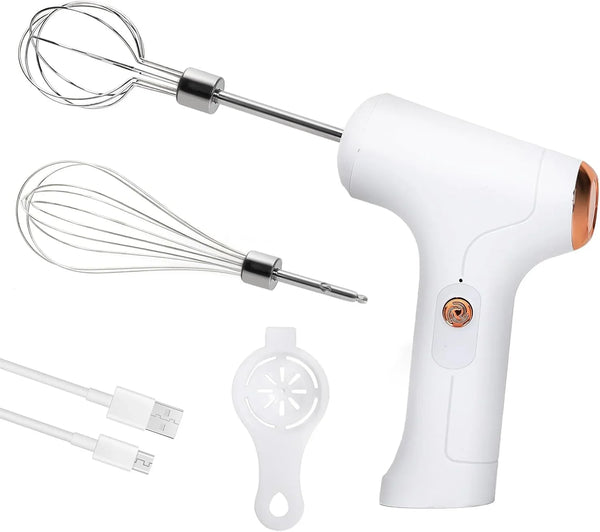 Cordless Hand Mixer, Handheld Electric Whisk with 3 Speed Modes, Hand Held Egg Beater with 2 Detachable Stir Whisks (White)1