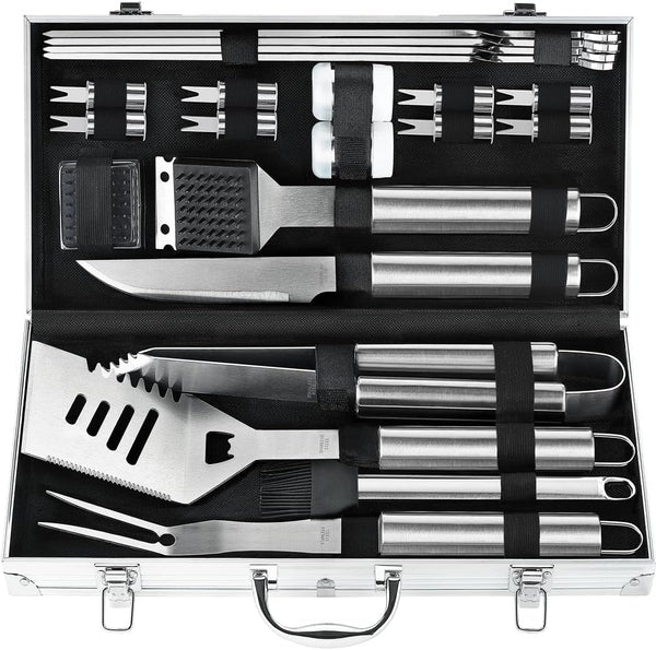 22PCS Heavy Duty BBQ Grill Accessories Set, Non-Slip Grill Tools for Outdoor Grill Set Stainless Steel Grill Utensils Set, Deluxe Grilling Tools Set in Aluminum Case Ideal Gifts for Men Silver1